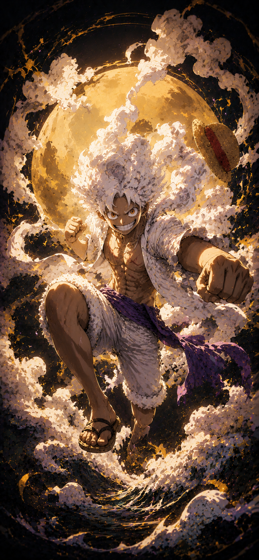 One Piece Luffy Gear 5 Golden Clouds 4K Mobile Wallpaper