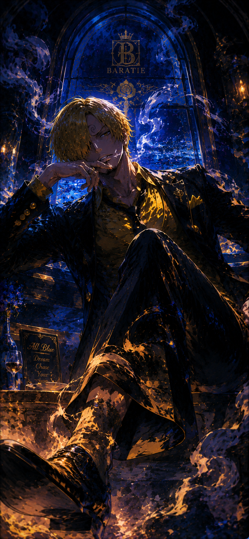 One Piece Sanji Blue Neon Chair 4K Mobile Wallpaper